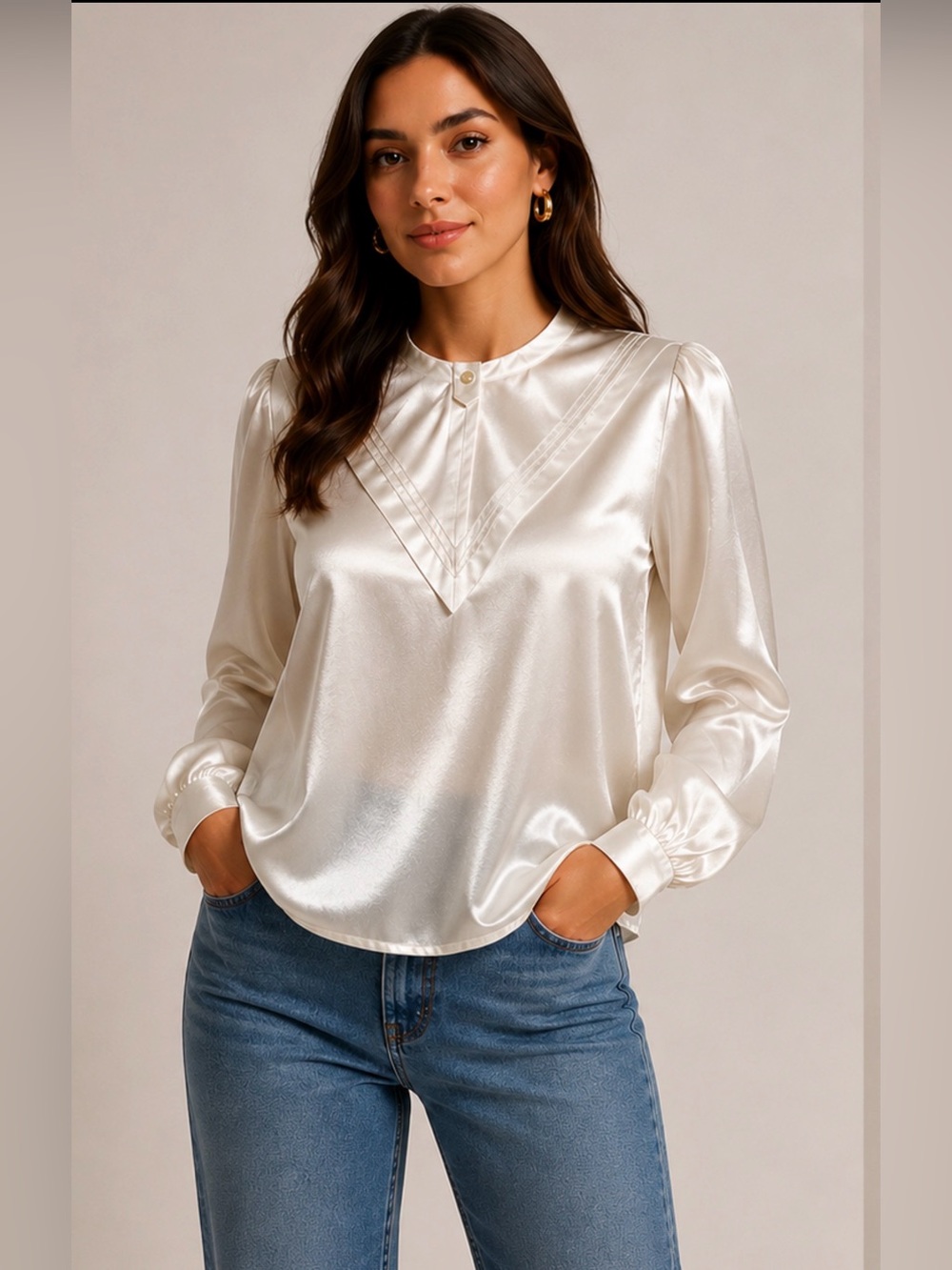 Vintage White Satin Secretary Prairie Blouse Pearl Button Romantic Cottagecore